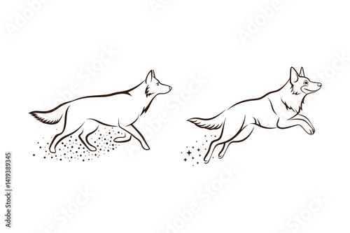 Two stylized outline drawings of running dogs with glittering dust trails