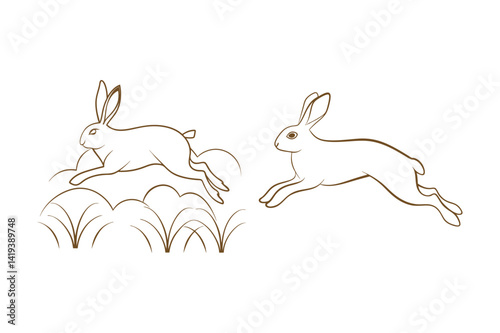 Line art illustration of two rabbits jumping in field of grass