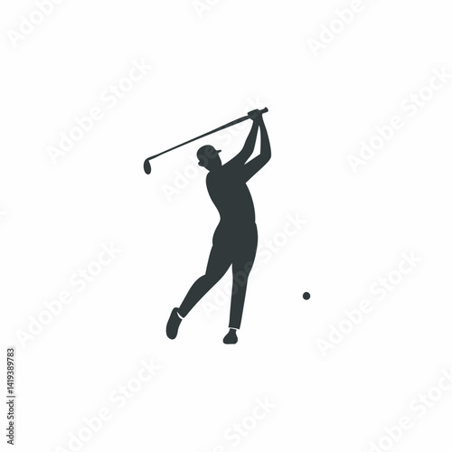 Silhouette of a golfer swinging club at the ball on white background