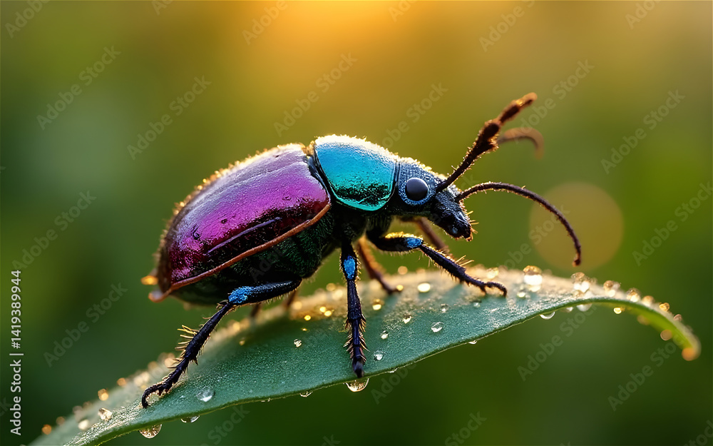 Naklejka premium Vibrant Beetle with Dewdrops in Morning Light