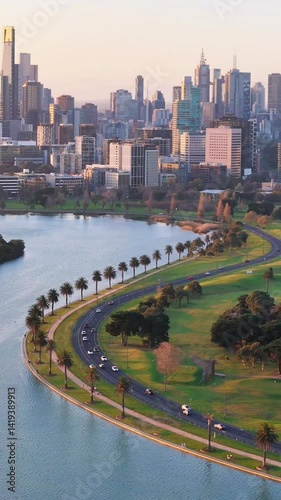 Aerial View of Melbourne Skyline and Albert Park Lake at Sunset