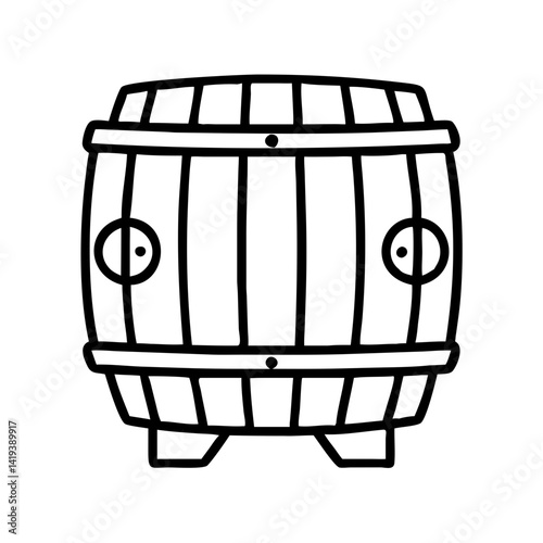 Outline drawing of a wooden barrel for wine storage, whiskey, or beer, cellar equipment and icon