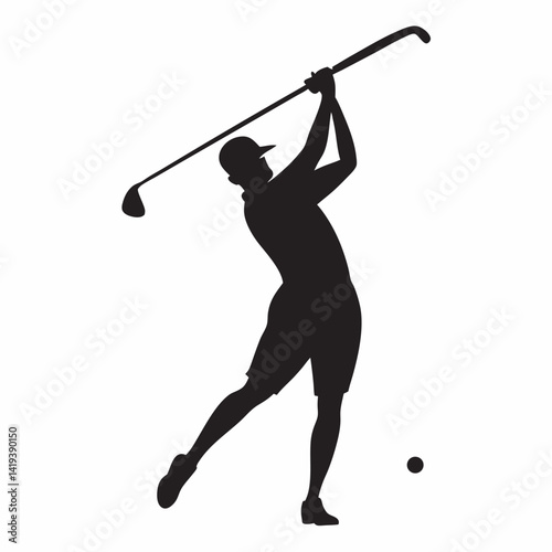 Golf player silhouette performing golf swing black and white minimalist style vector