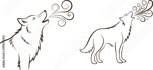 Two howling wolf line art illustrations with decorative breath swirl design