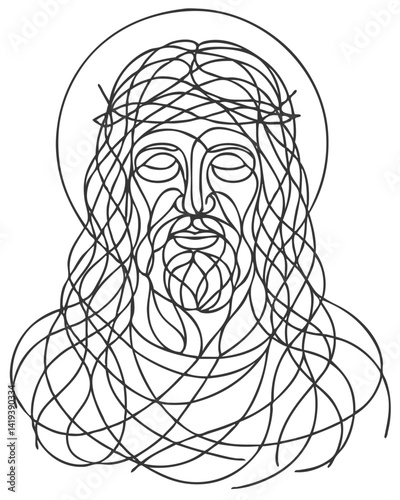 Abstract chaotic line art of Jesus Christ with crown of thorns and halo. Spiritual Christian artwork symbolizing divinity, sacrifice, and grace. Jesus, Christ, chaotic, scribble, line art, vector