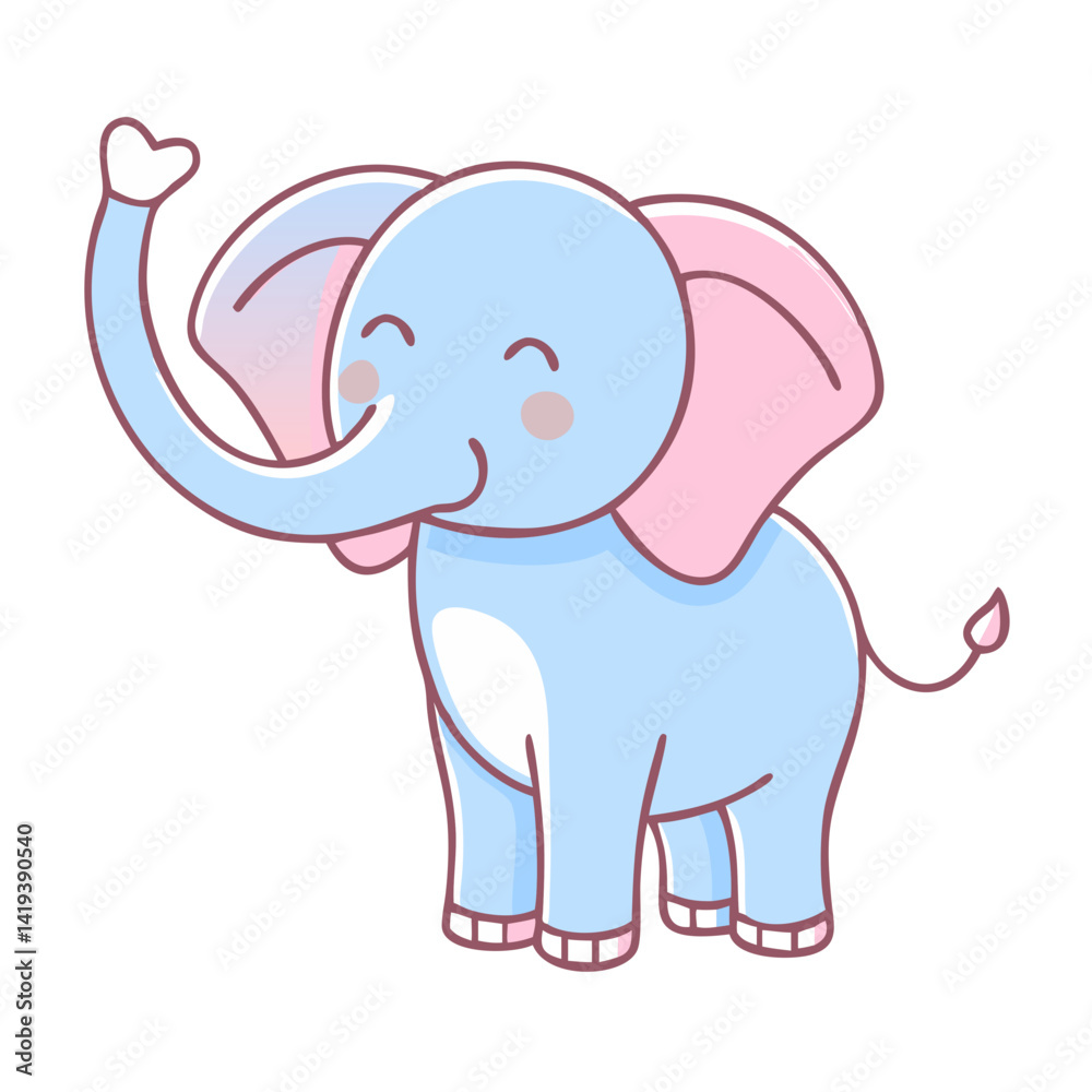 Happy blue elephant with raised trunk and heart Happy blue elephant with raised trunk and heart