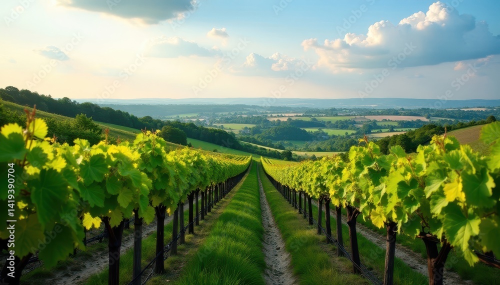 Naklejka premium Rolling Freiburg vineyards, grapevines stretching to horizon , vines, sun, Baden