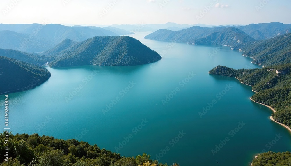 Irregular shaped lake with winding shoreline and islands, basin, beautiful, lake Irregular shaped lake with winding shoreline and islands, basin, beautiful, lake