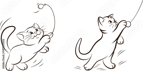 Playful kitten cartoon outline illustration of cats playing with toy isolated on white
