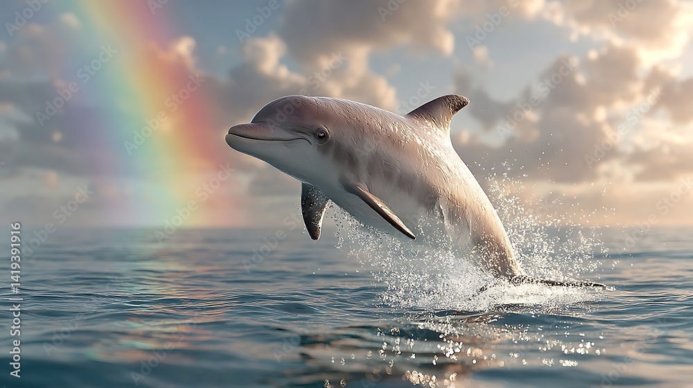 Fototapeta premium Dolphin Leaping with Rainbow and Ocean Spray