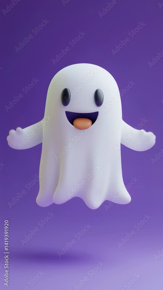 Vertical video of Adorable white ghost with a cheerful expression floating on a purple background Vertical video of Adorable white ghost with a cheerful expression floating on a purple background