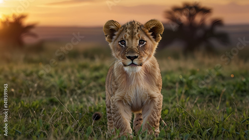 Lion cub in grass field against sunset sky 