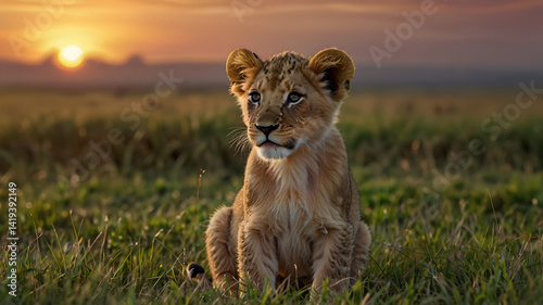Lion cub in grass field at sunset 