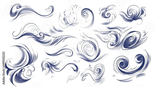 Fototapeta Naklejka Na Ścianę i Meble -  Doodle wind line sketch set, hand-drawn wind motion, air blow, swirl elements
