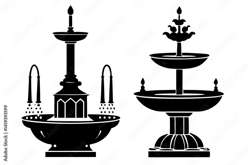 set of Water fountain vector silhouette illustration on white background set of Water fountain vector silhouette illustration on white background