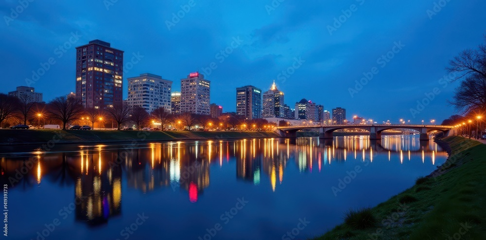 Naklejka premium Evansville's illuminated buildings mirrored in the serene blue hour river, ohio river, waterscape