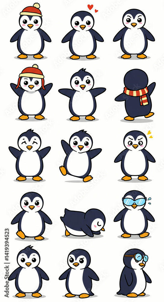 Obraz premium Cute Penguin Cartoon Characters in Various Poses Isolated