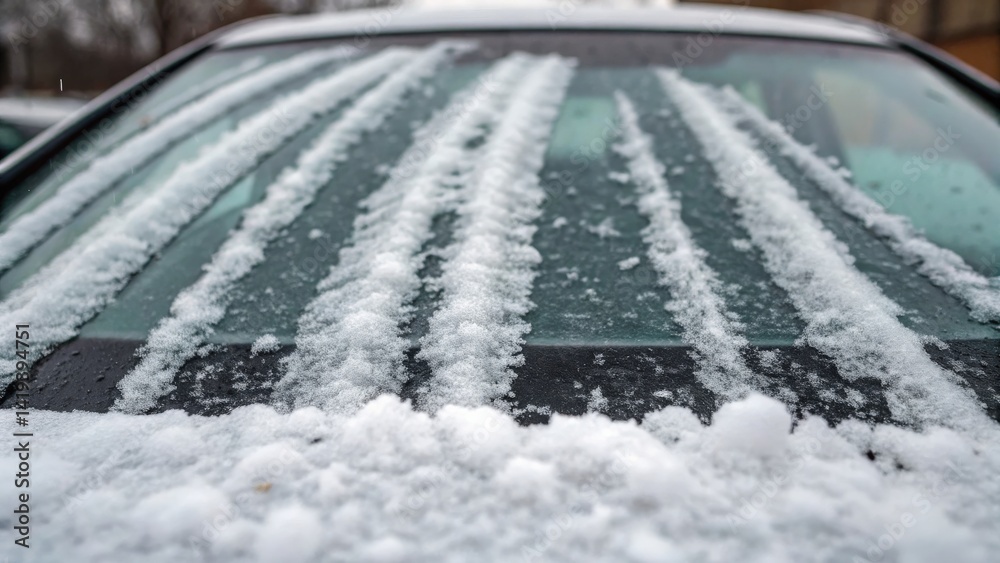 Fototapeta premium Snow-covered car windshield with distinct patterns of snow.