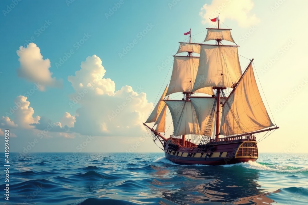 Sailing ship with billowing sails, ocean, yacht Sailing ship with billowing sails, ocean, yacht