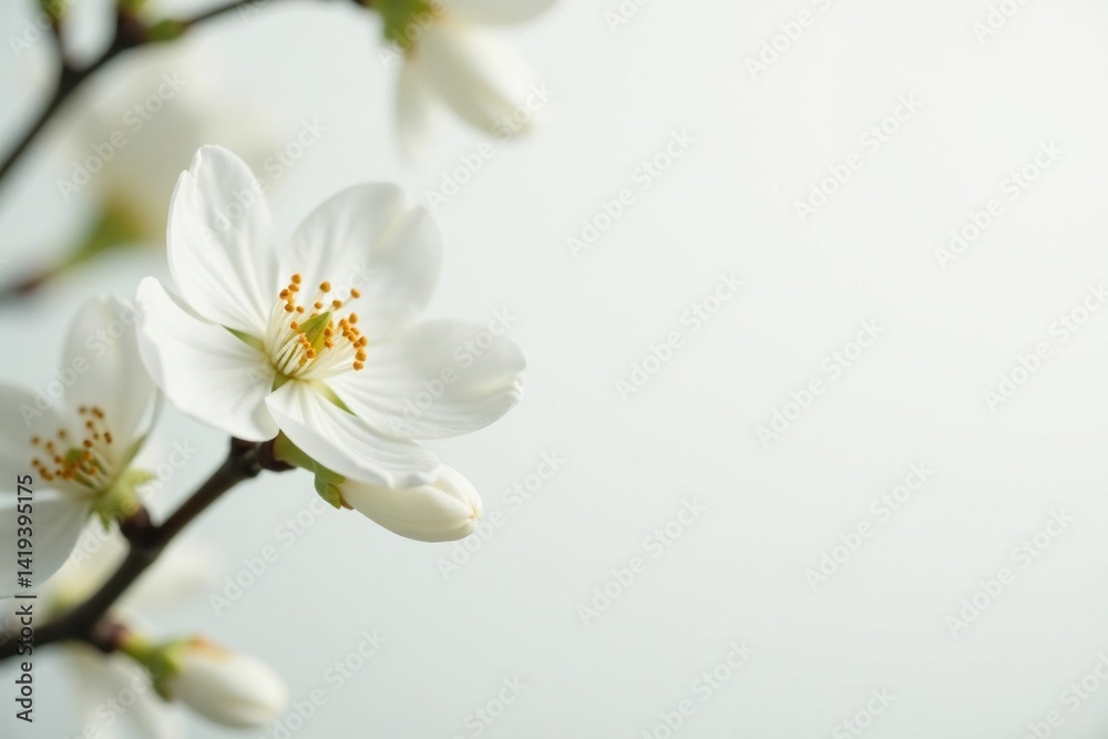 Delicate white blossom against pure white backdrop, botany, petals, fragile Delicate white blossom against pure white backdrop, botany, petals, fragile