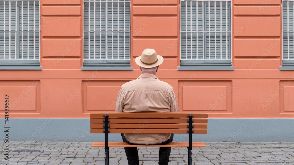 Fototapeta premium Solitary Man Sitting on a Wooden Bench Against a Pastel Wall with Barred Windows in an Urban Environment