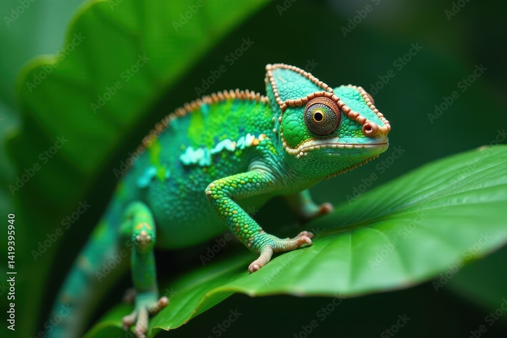 Obraz premium Emerald chameleon perfectly camouflaged on lush, tropical leaf , scales, chameleon
