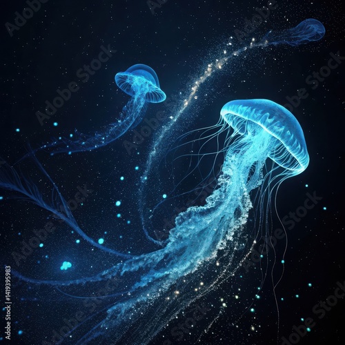 Ethereal Jellyfish Dance in a Luminous Underwater Galaxy