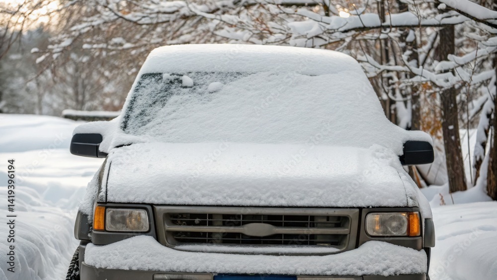 Fototapeta premium Snow-covered vehicle in a winter landscape.