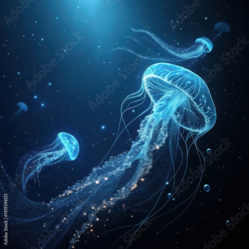 Ethereal Jellyfish Dance in a Luminous Underwater Galaxy