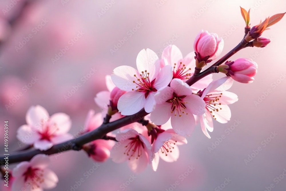 Obraz premium Intricate sakura branch pattern, showcasing blossoms and buds, light pink hues , floral pattern, wallpaper, refined