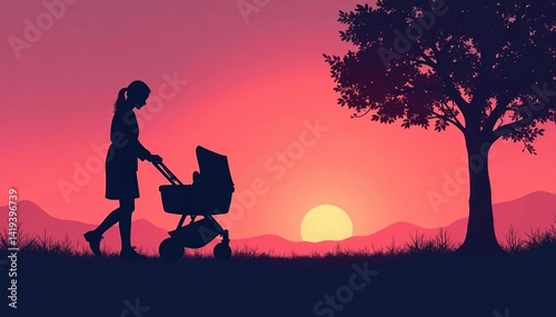 Subtle stroller silhouette repeat, muted tones, soft, kids, decor
