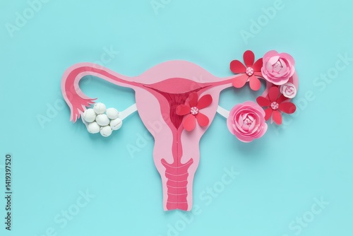 Artistic representation of female reproductive system with flowers.