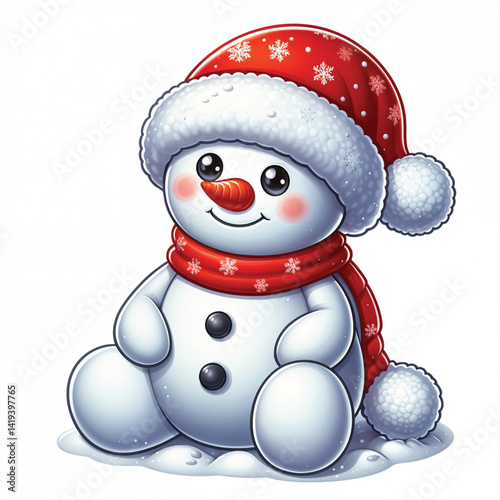 snowman with red hat and scarf Cartoon Vector Illustration isolated