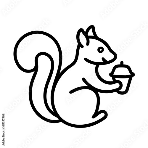 Cute squirrel holding acorn vector illustration, forest animal outline drawing for kids design