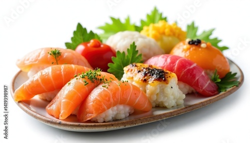 Variety of Japanese appetizers, isolated white background, spring roll, food photography, vegetables