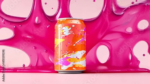 Vibrant soda can amidst pink splash