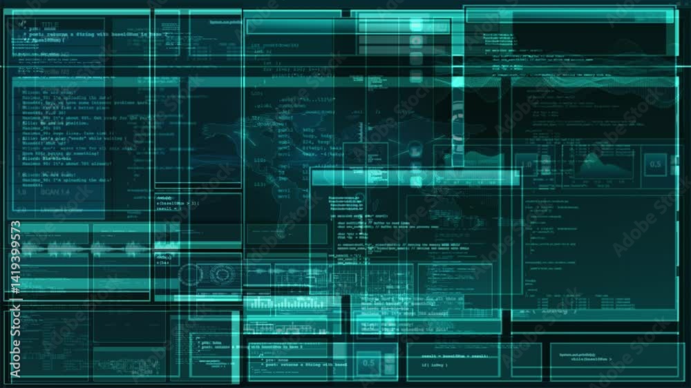 Hacker's interface with vibrant code snippets and abstract panels, creating a captivating high-tech aesthetic. Perfect for projects related to cybersecurity, technology, and software.