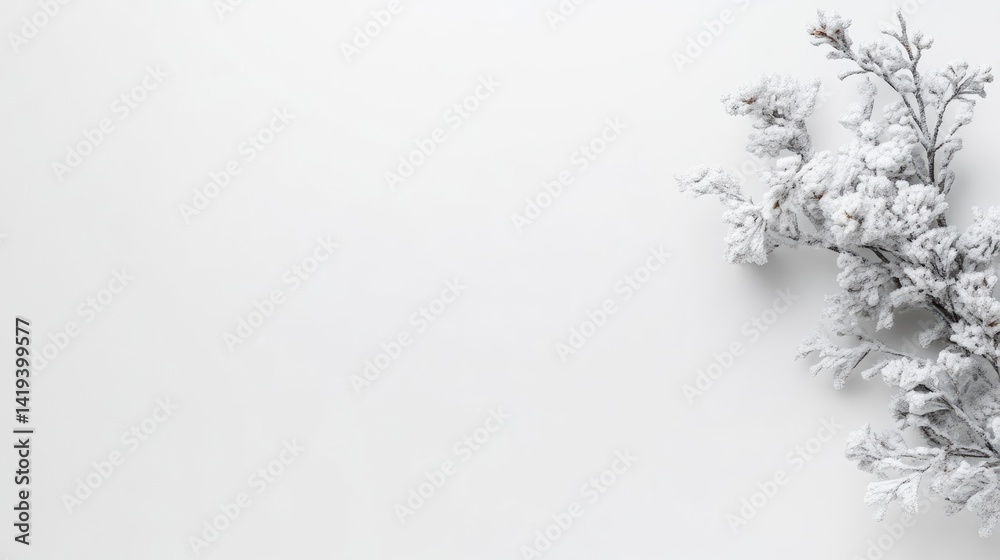 Delicate white frosted branches resting on a pristine surface, minimalist winter composition with soft lighting, and serene and elegant. Delicate white frosted branches resting on a pristine surface, minimalist winter composition with soft lighting, and serene and elegant.