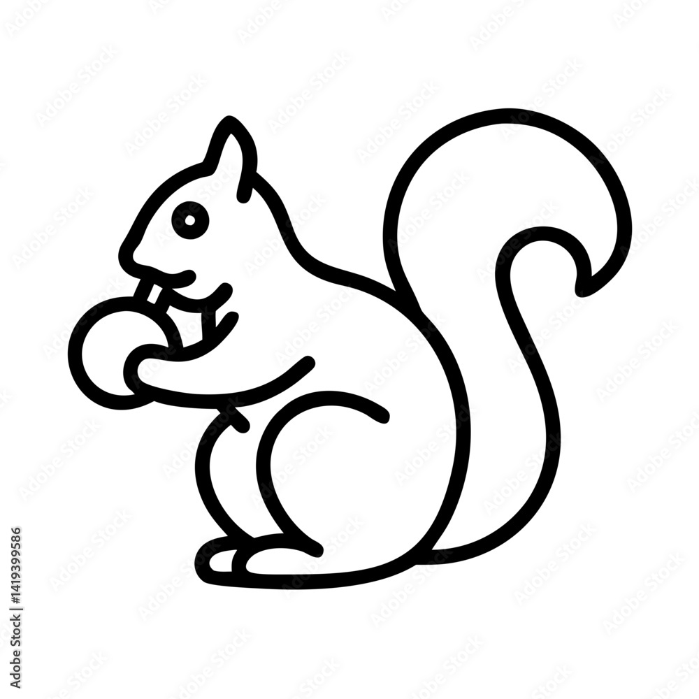 Naklejka premium Cute squirrel outline vector illustration holding nut, forest animal drawing, wildlife icon design, rodent art