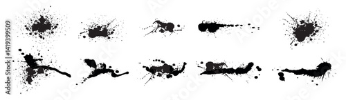 Set of spray paint drips, black blots or ink splatters. Blobs or inky spots with graffiti dirty grunge effect. Brush stains or inkblots with spatters or drops. Vector design elements in street style.