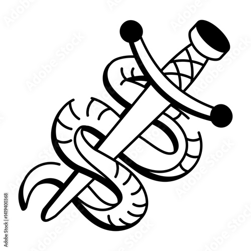 A sketchy style icon of snake sword tattoo
