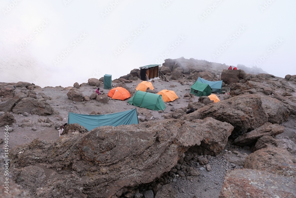 Barafu Camp on trail to Kilimanjaro Peak with tents, Machame Route, Tanzania