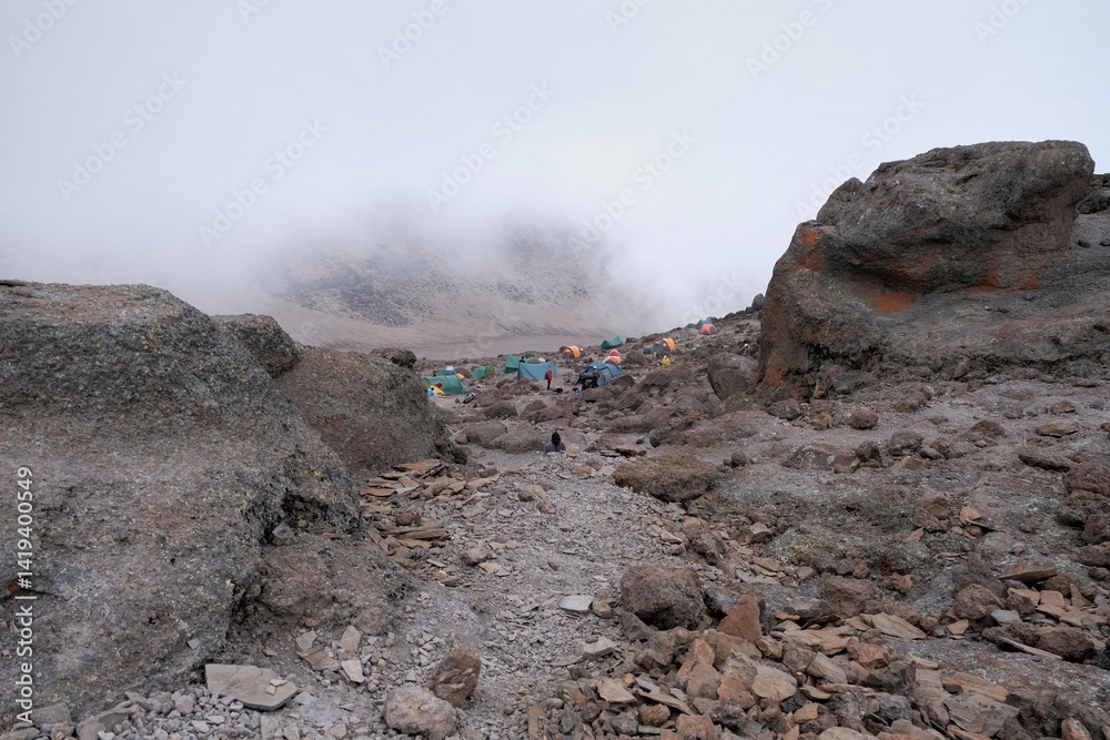 Barafu Camp on trail to Kilimanjaro Peak with tents, Machame Route, Tanzania