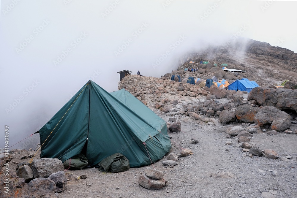 Barafu Camp on trail to Kilimanjaro Peak with tents, Machame Route, Tanzania