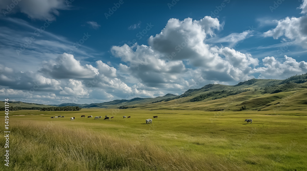 Fototapeta premium Cows grazing on wide green pasture, summer day with blue sky and clouds, rolling landscape, rural calmness