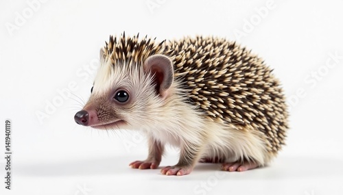 Tiny hedgehog isolated on pure white background, photography, hedgehog close up, image photo