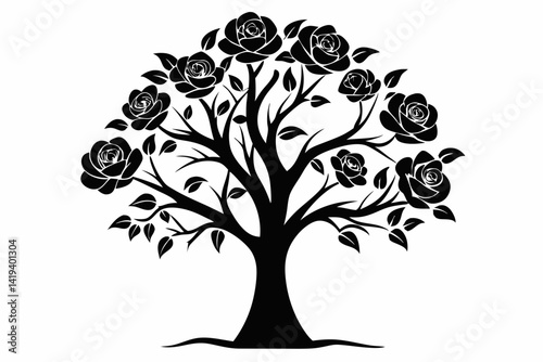 rose tree silhouette line art vector illustration