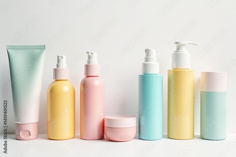 White backdrop showcasing various skincare products, minimal, still life