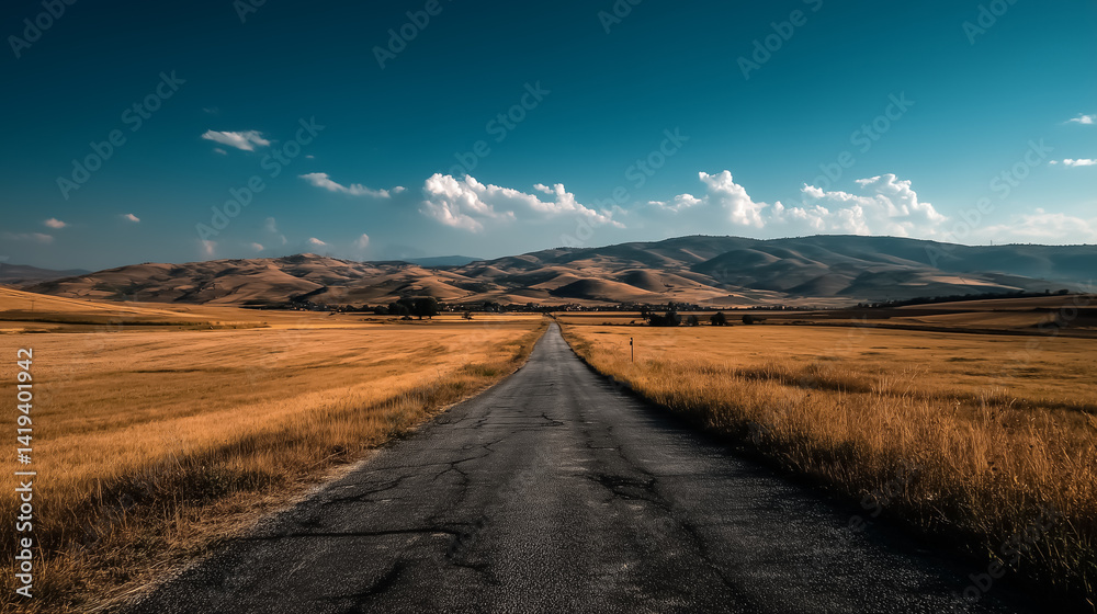 Long straight road cutting through endless golden fields, summer sun overhead, lens flare, blue sky with white clouds, cinematic feeling Long straight road cutting through endless golden fields, summer sun overhead, lens flare, blue sky with white clouds, cinematic feeling