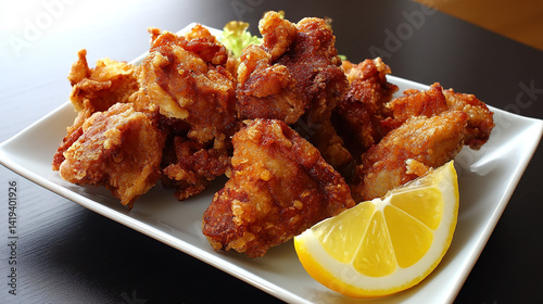 Japanese fried chicken karaage with lemon wedge clea
